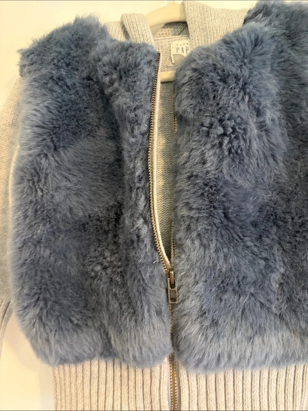 GAP Navy Faux Fur Vest with Light Gray Knit Hoodie